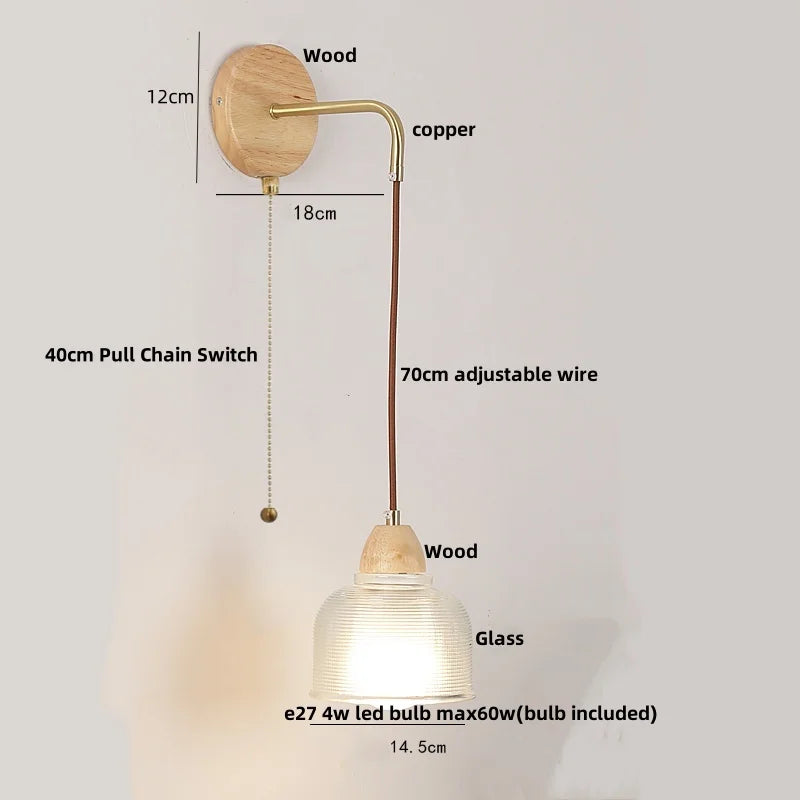 Afralia™ Wood Glass LED Wall Light with Pull Chain Switch