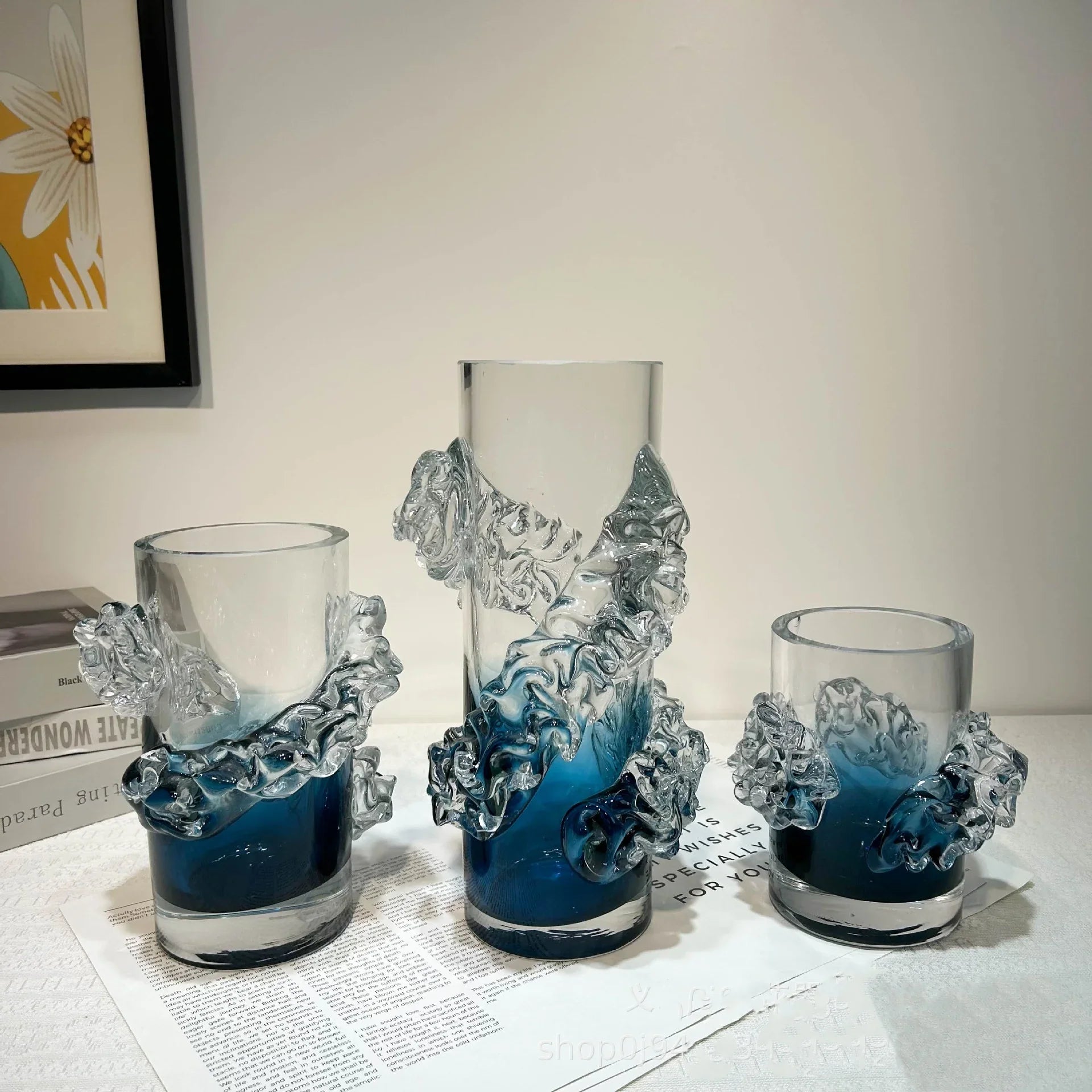 Afralia™ Blue Gradient Wavy Glass Vase for Floral Arrangements and Room Decor