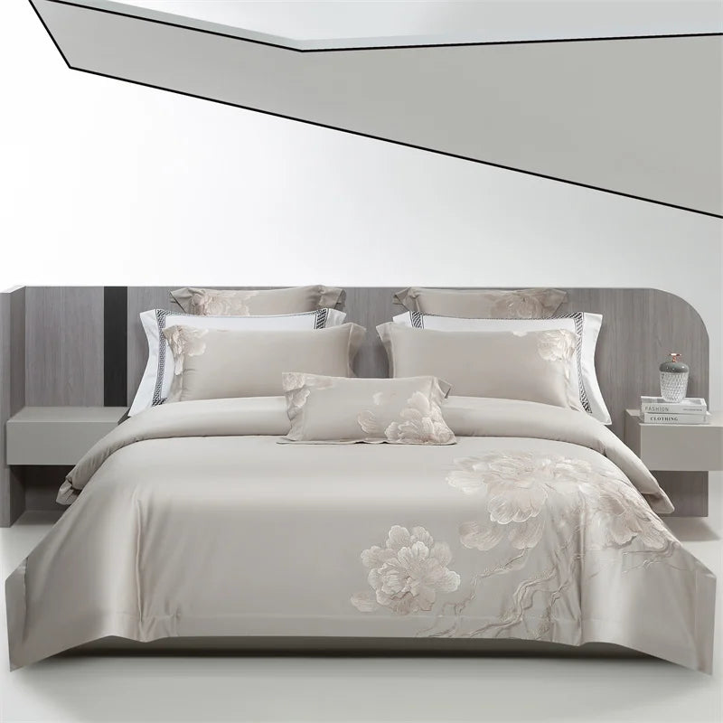 Afralia™ Luxury Flowers Embroidery Egyptian Cotton Bedding Set with 1400TC Quality