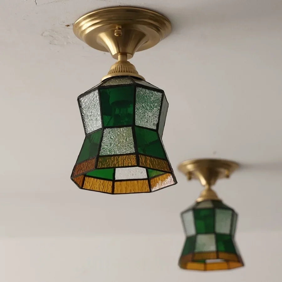 Afralia™ Handcrafted Glass Copper Canopy Ceiling Light Tiffany Style Glass Vintage Loft