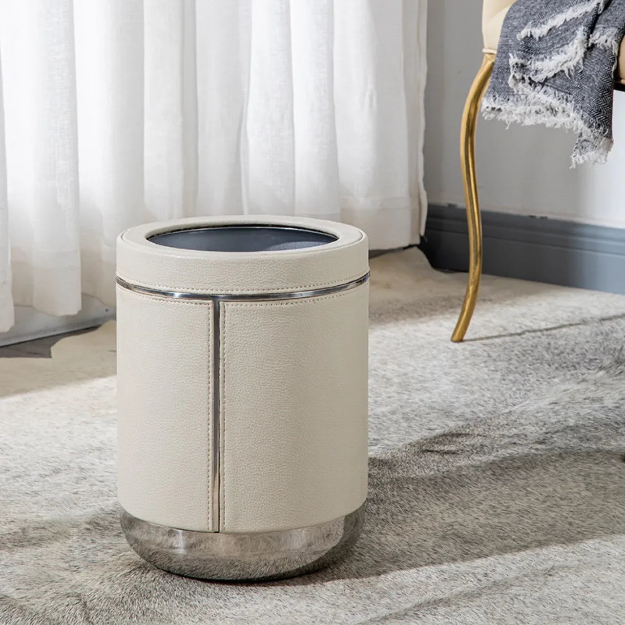 Afralia™ Stainless Steel Leather Bedroom Trash Can with Large Capacity