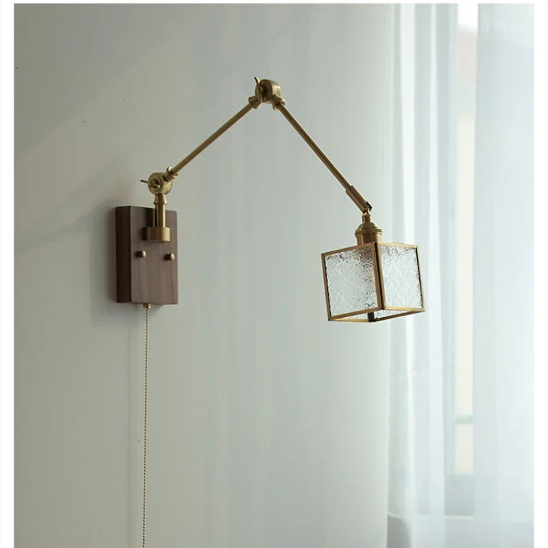 Afralia™ Ash Wood LED Swing Arm Wall Light with Pull Chain Switch & Blue Glass