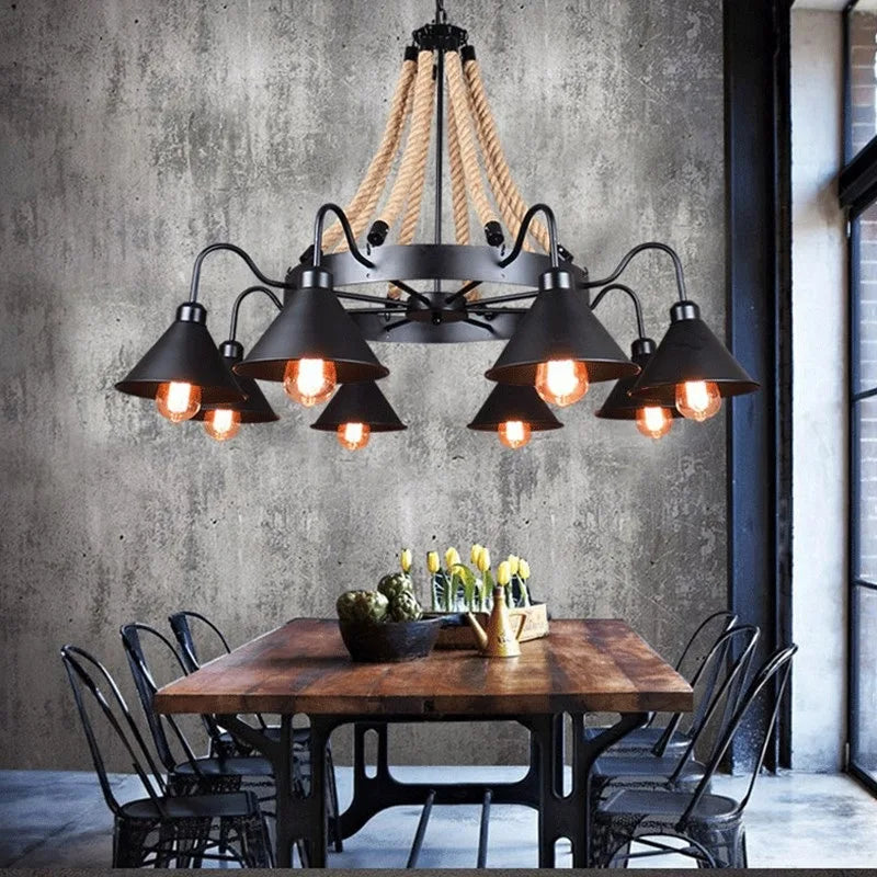 Afralia™ Industrial Hemp Rope Pendant Light with Iron Lampshade