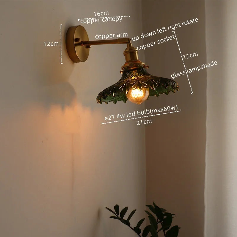 Afralia™ Retro Copper Glass LED Wall Lamp with Pull Chain Switch for Living Room