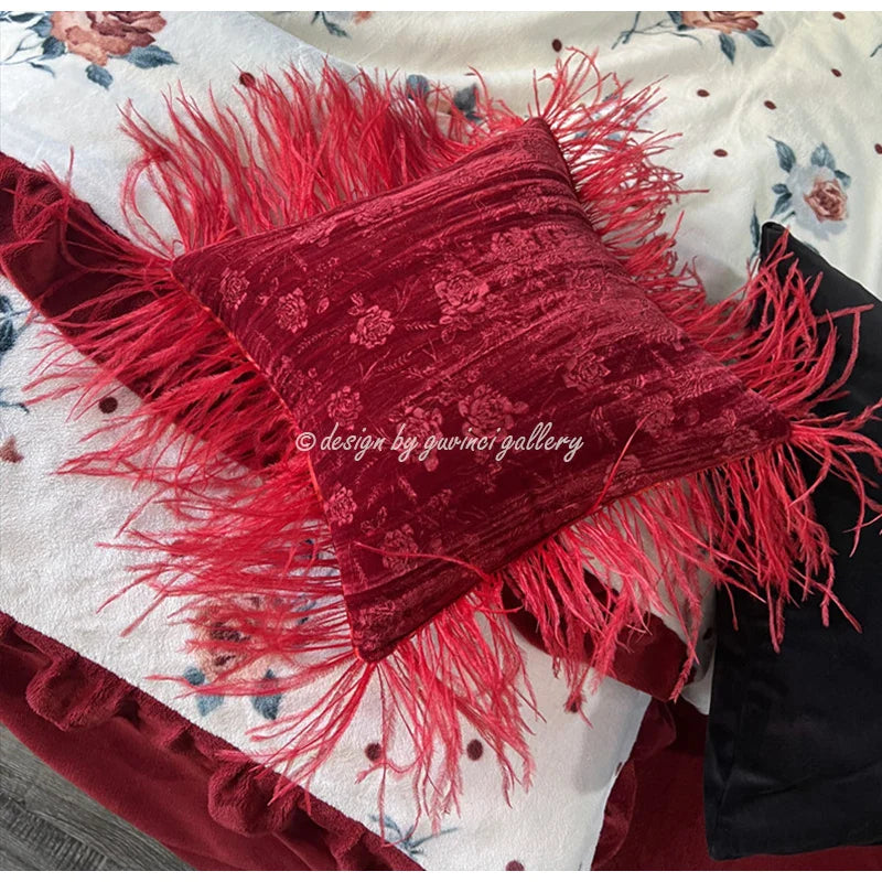 Afralia™ Rose Jacquard Cushion Cover With Feather Fringing, Vintage Red Velvet, 29x29cm