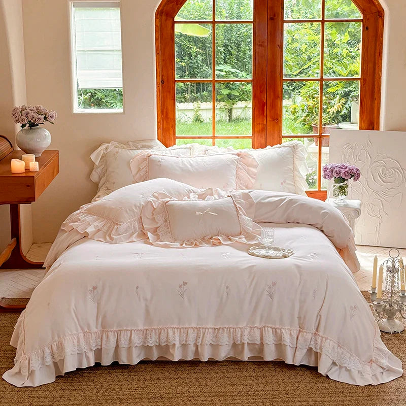 Afralia™ Pink Princess Lace Flowers 1200TC Egyptian Cotton Bedding Set