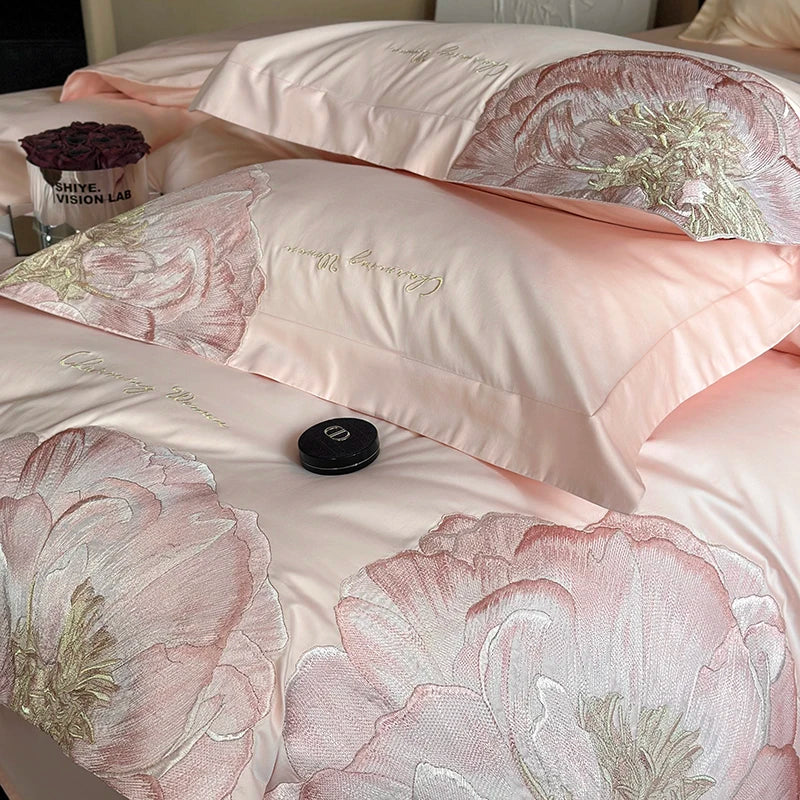 Afralia™ Luxury Pink Blue Champagne Flowers Embroidery Bedding Set 1000TC Egyptian Cotton