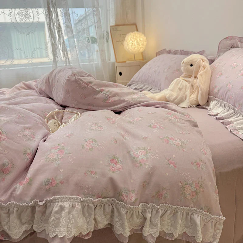 Afralia™ Floral Lace Ruffles Bedding Set in 100% Cotton, Korean Style, Single/Queen/King Size