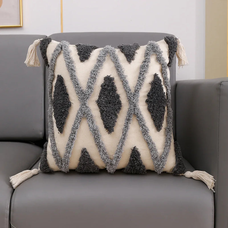 Afralia™ Grey Geometric Tufted Cushion Cover with Fringe, Home & Car Decor Pillow Cover