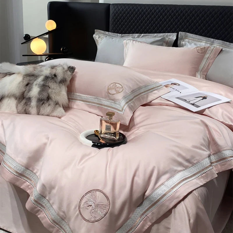 Afralia™ Luxury Butterfly Embroidery Champagne 4Pcs Bedding Set with Duvet Cover, Bed Sheet & Pillowcases