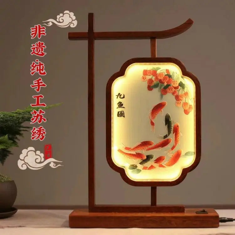Afralia™ Chinese Style Embroidered Desk Lamp Decoration Screen - Double-Sided Home Table Decor