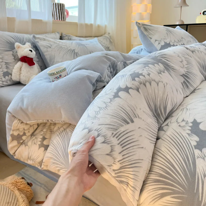 Afralia™ Plant Jacquard Milk Velvet Bedding Set: Warm Plush Duvet Cover Kit for Adults