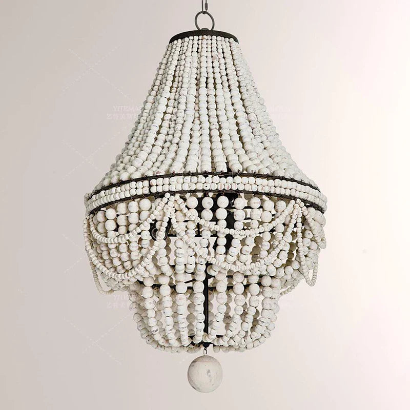 Afralia™ White Wooden Bead Chandelier: Vintage Large Wood Chandelier for Bedroom, Kitchen, Living Room