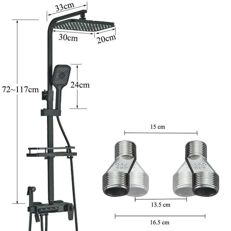 Afralia™ Digital Display Thermostatic Shower Faucet Set with Rainfall Shower Column in Chrome