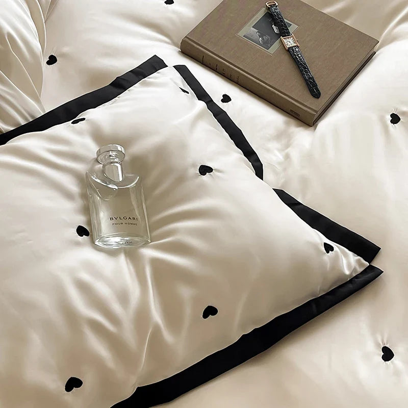 Afralia™ Luxe Heart Embroidered Bedding Set: 100% Lyocell Duvet Cover Set with Sheets