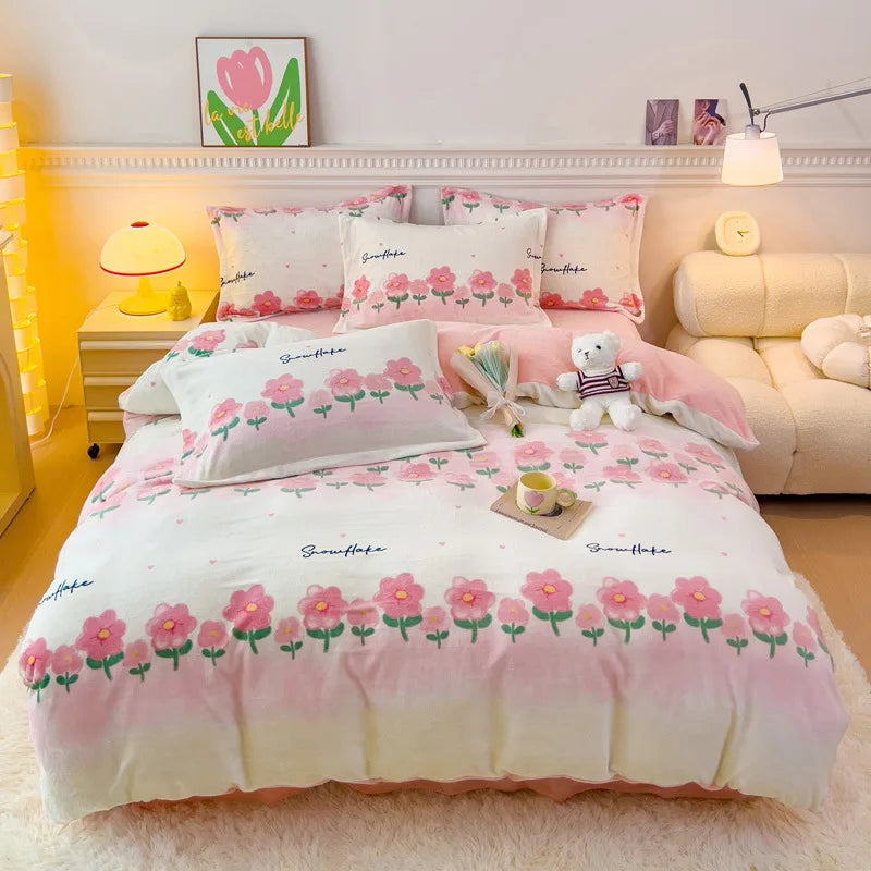 Afralia™ Winter Cartoon Crystal Velvet Bedding Set - Queen Size Warm Duvet Cover