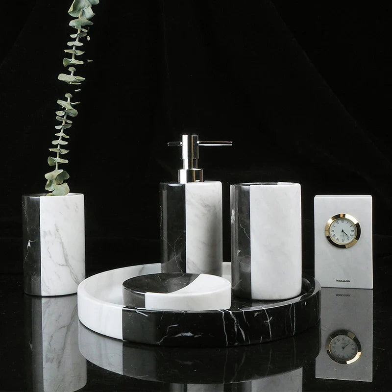 Afralia™ Marble Bathroom Set: Soap Dispenser, Toothbrush Holder, Soap Dish, Cotton Swab Holder