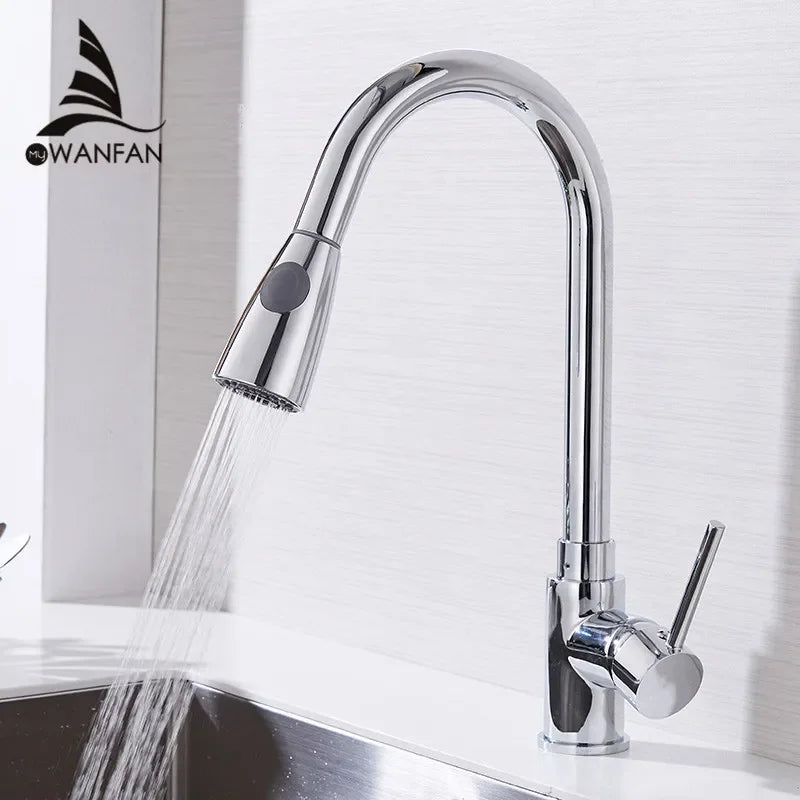 Afralia™ Silver Kitchen Sink Faucet Hot Cold Water Pull-out Single Hole Tap