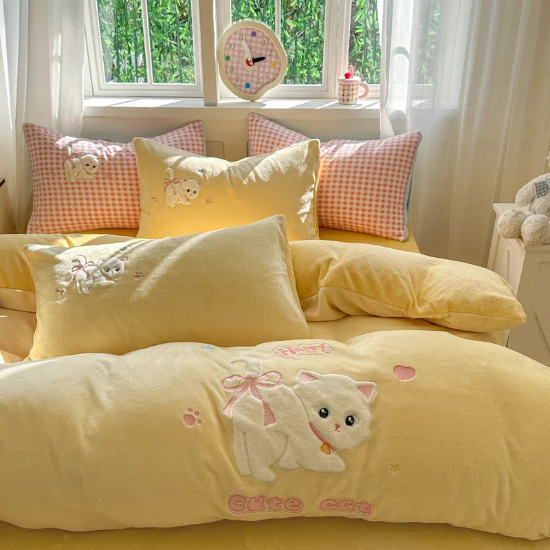Afralia™ Pink Cat Embroidery Child Bedding Set, Single - King Sizes