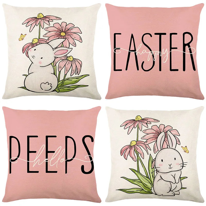 Afralia™ Easter Bunny Rabbit Linen Cushion Cover 45x45cm - Flower Print Festival Pillowcase