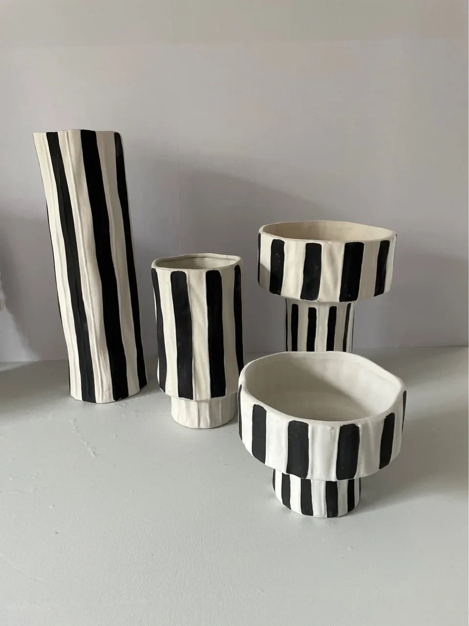 Afralia™ Striped Wide Mouth Ceramic Vase - Geometric Flowerpot Handicraft Ornaments