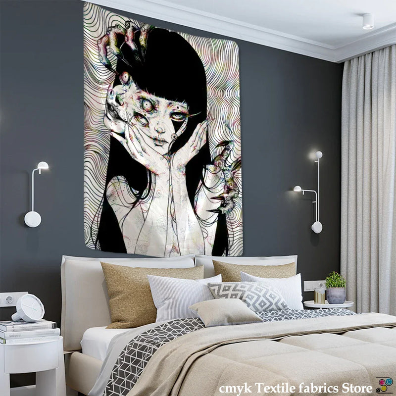 Afralia™ Mysterious Horror Anime Tapestry | Kawaii Room Decor Art Illustration