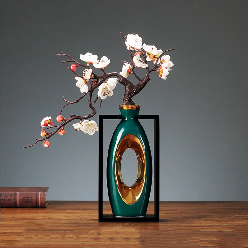 Afralia™ Chinese Style Ceramic Vase in Wooden Frame for Modern Home Decor
