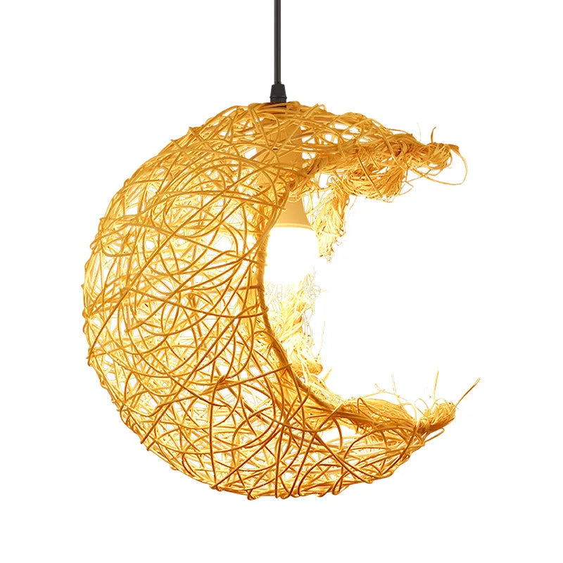 Afralia™ Moon Rattan Chandelier: Elegant Hand-Woven Lighting for Home, Office, and Cafe