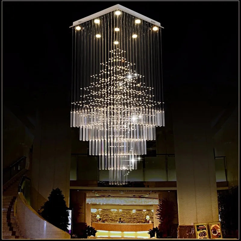 Afralia™ Columnar Crystal Chandelier with Square Base for Living Room, Stair Loft - Modern Hanging Lamp