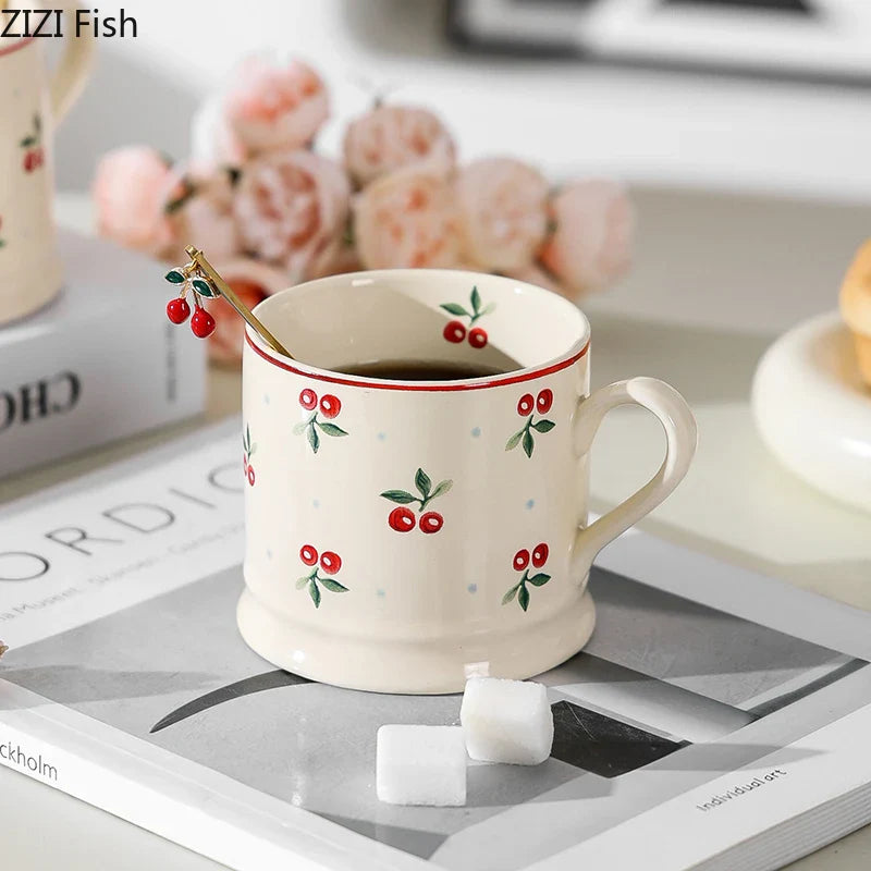 Afralia™ Cherry Pattern Porcelain Coffee Mug - Lovely Tableware Cup for Afternoon Tea