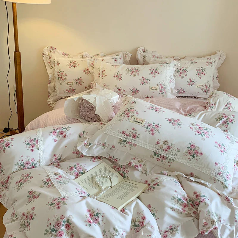 Afralia™ Princess Pastoral Cotton Bedding Set with Lace Ruffles & Floral Design