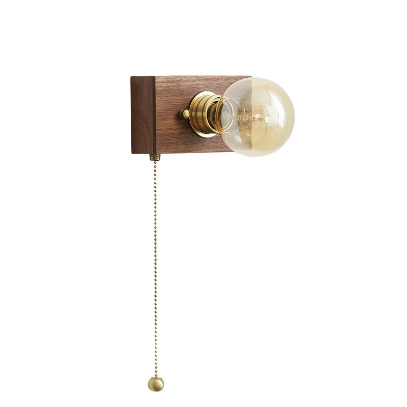 Afralia™ Square Walnut Wood LED Wall Light with Pull Chain Switch for Bedroom and Living Room