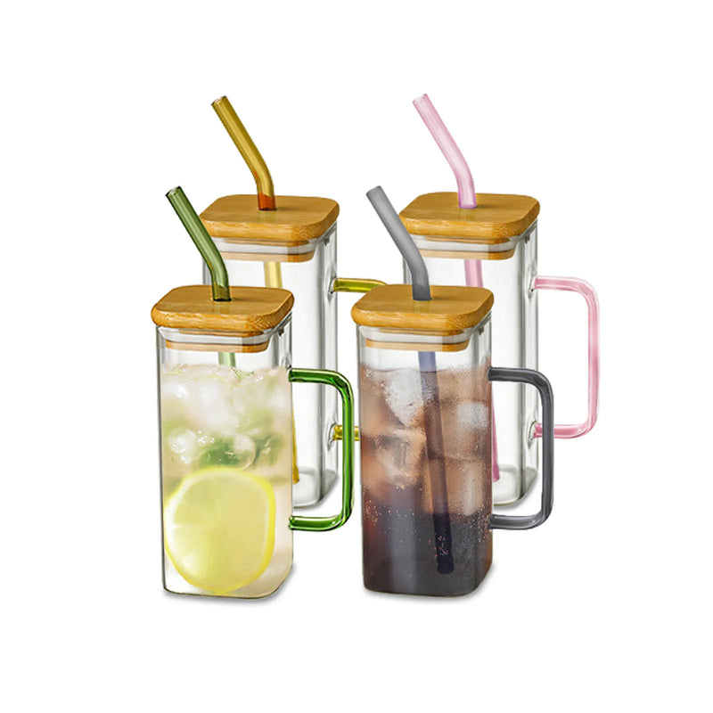 Afralia™ 400ml Square Glass Mug with Lid and Straw | Versatile Party Beverage Cup