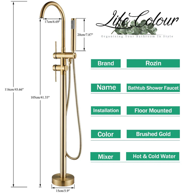 Afralia™ Brushed Gold Freestanding Bathtub Shower Mixer with Handshower