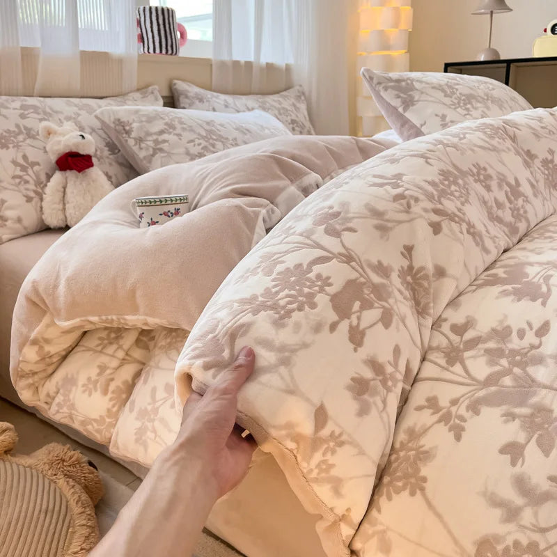 Afralia™ Plant Jacquard Milk Velvet Bedding Set: Warm Plush Duvet Cover Kit for Adults