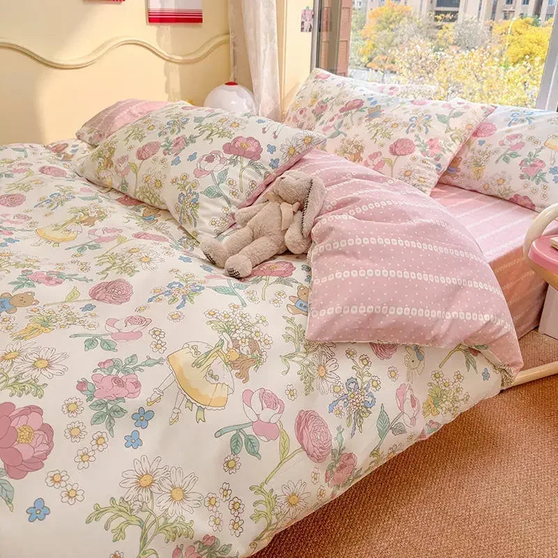 Afralia™ Double-Sided Floral Print Cotton Bedding Set - Queen Size Soft Duvet Cover Set