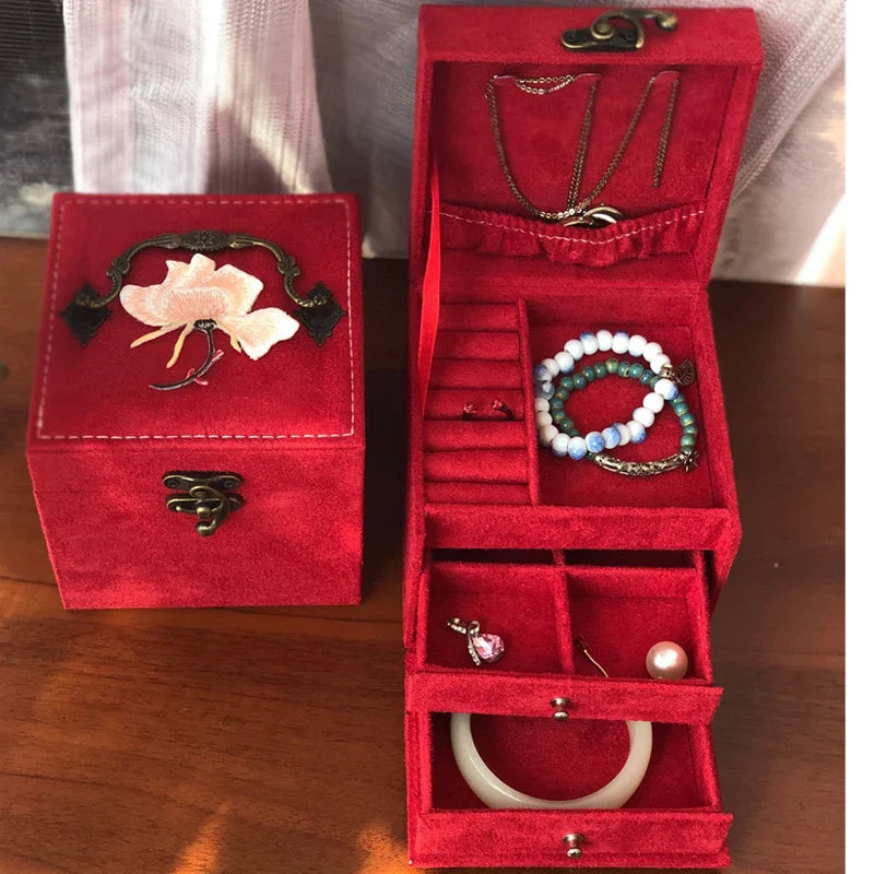 Afralia™ Three-Layer Floral Embroidery Jewelry Organizer & Makeup Box