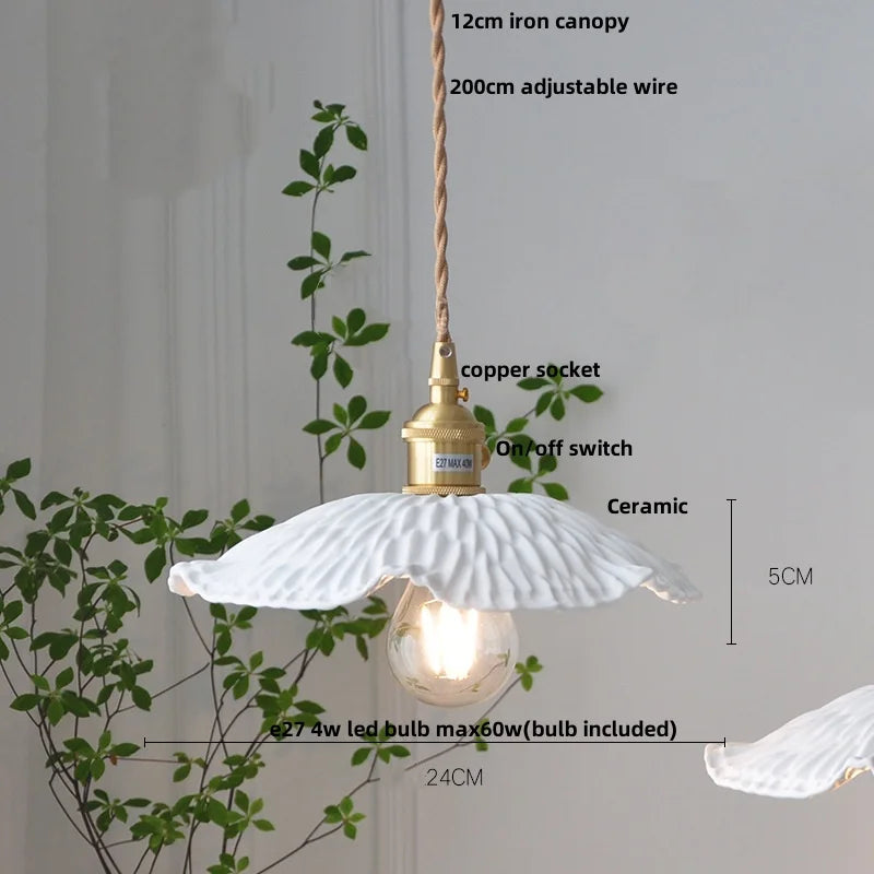 Afralia™ White Ceramic LED Pendant Lamp with Copper Switch - Flower Hanging Light