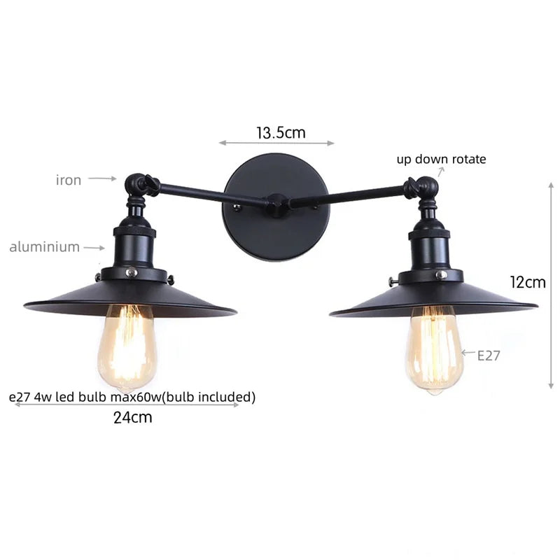 Afralia™ Vintage Iron 2-Head LED Wall Lamp for Foyer Living Room & Bedside
