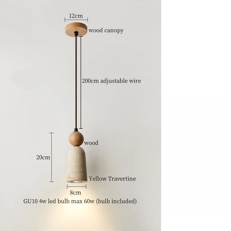 Afralia™ Yellow Travertine Wood Stone LED Pendant Light Fixture Nordic Modern Hanging Lamp
