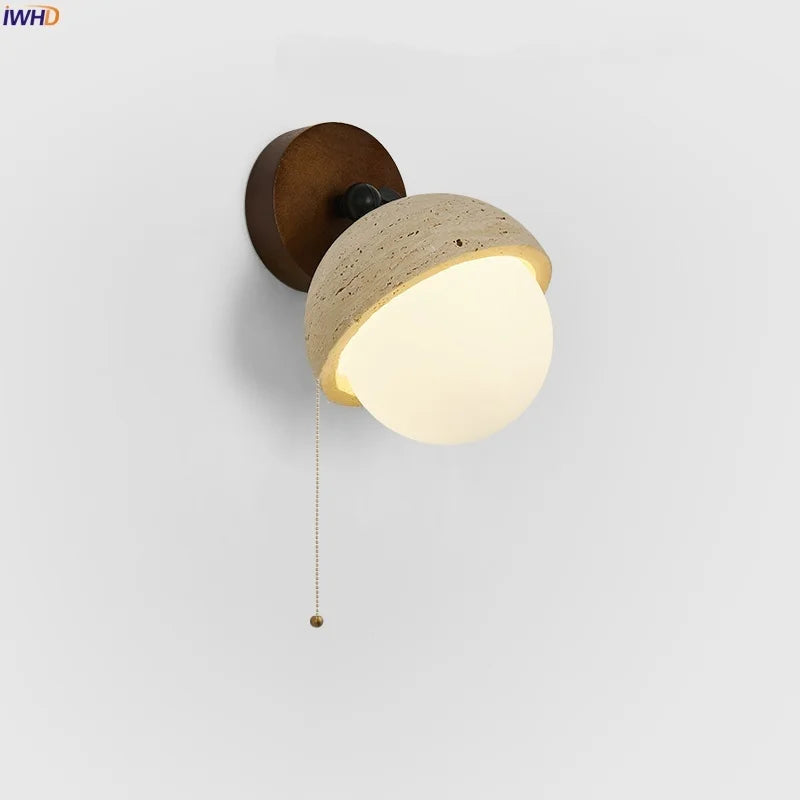 Afralia™ White Glass LED Wall Lamps Pull Chain Yellow Travertine Modern Bathroom Light