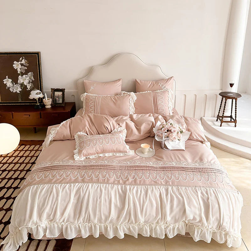 Afralia™ Flowers Embroidery Princess Wedding Lace Bedding Set 1200TC Cotton Duvet Cover Flat Sheet Pillowcases