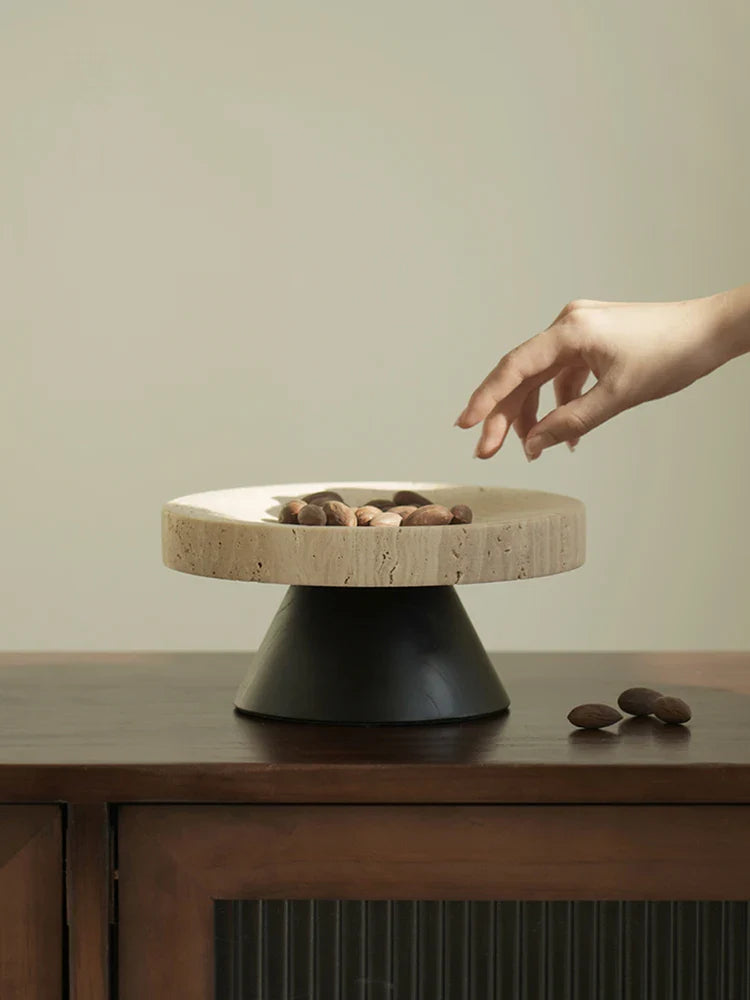 Afralia™ Luxury Travertine Fruit Tray & Marble Salad Bowl Set on Pedestal Stand