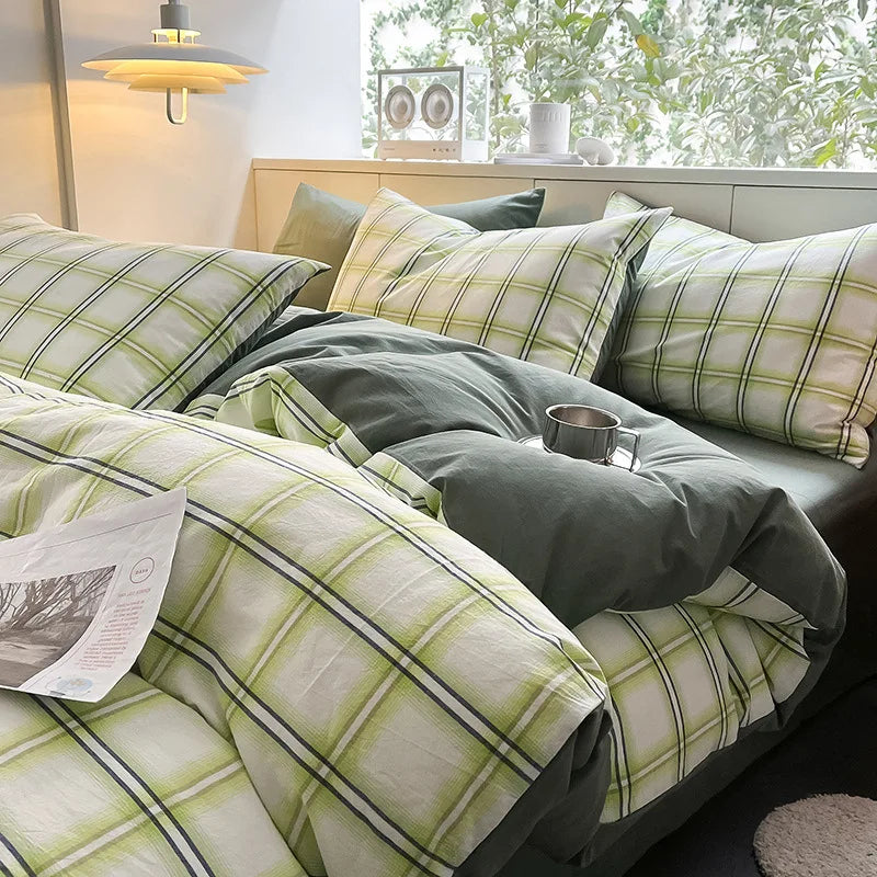 Afralia™ Plaid Cotton Bedding Set: Soft & Cozy Queen Single Fitted Sheet, Quilt Cover, Pillowcase
