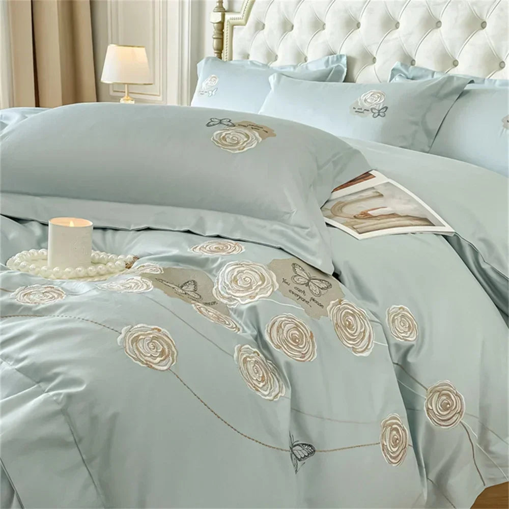 Afralia™ Blue Butterfly Flower 600TC Egyptian Cotton Duvet Cover Set