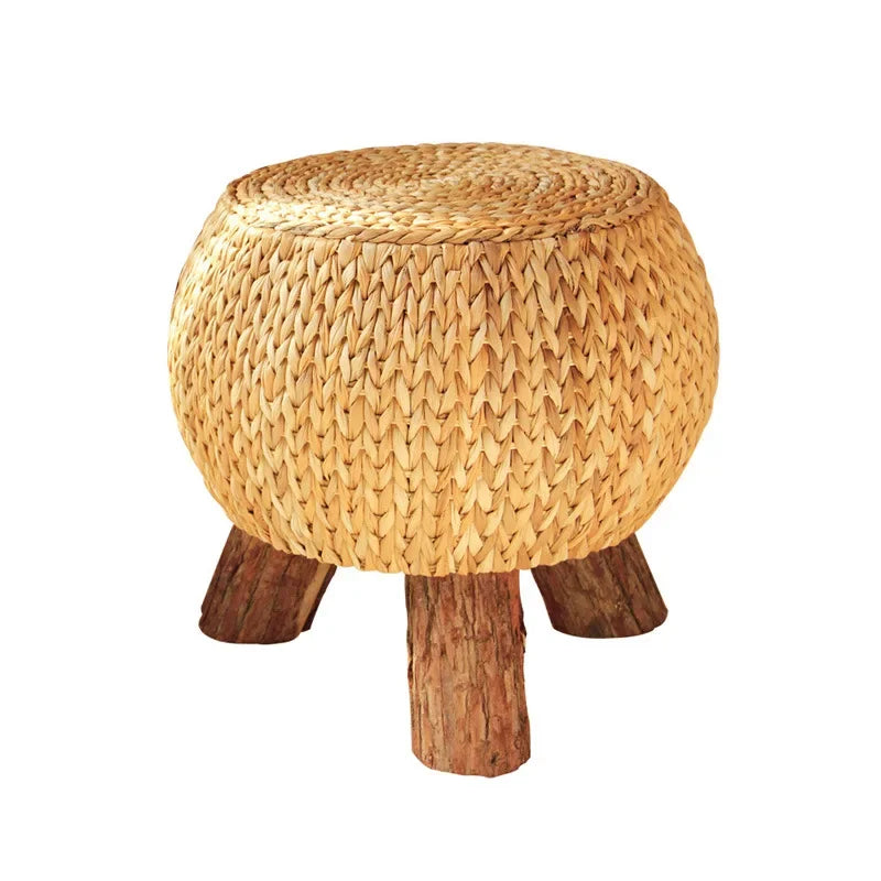 Afralia™ Rustic Rattan Handmade Round Footstool Ottoman: Multi-functional, Portable, Comfortable Wood Footrest