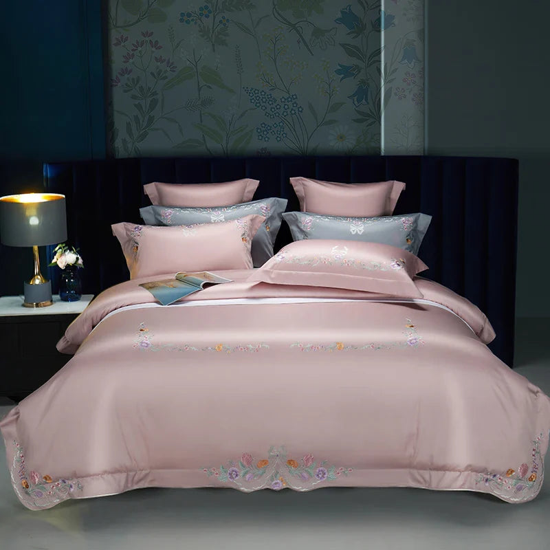 Afralia™ Floral Embroidered Luxury Bedding Set - 100S Egyptian Cotton