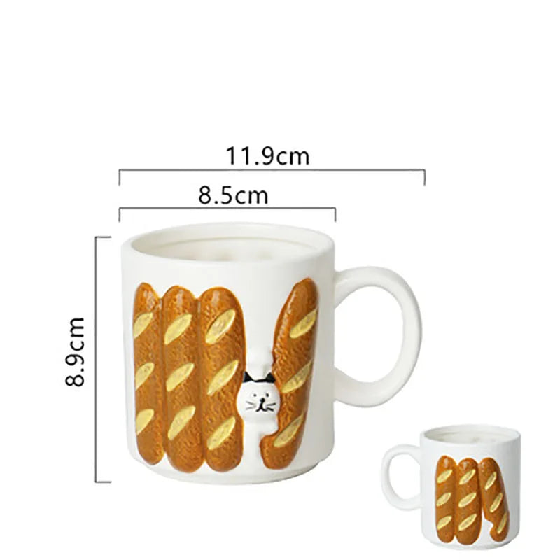 Afralia™ Cat & Bread Pattern Ceramic Cup 200ml Coffee Mug Tea Afternoon Teacup Juice Mug