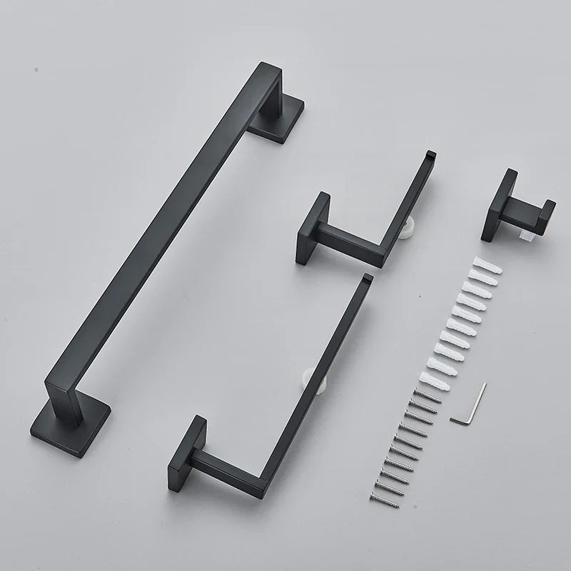 Afralia™ Black Bathroom Hardware Set: Robe Hook, Towel Rail, Shelf, Tissue Holder