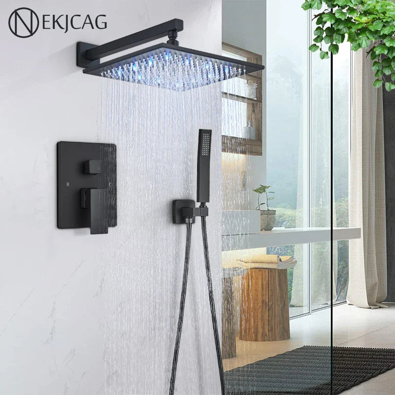 Afralia™ LED Black Wall Mounted Shower Faucet Set with Rainfall Shower Head